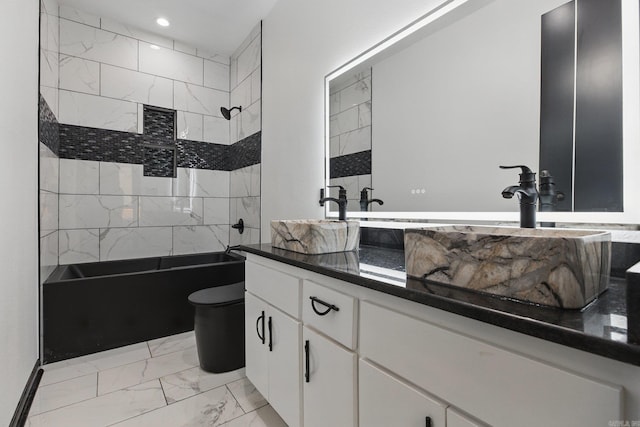 bathroom with vanity, recessed lighting, shower / bath combination, toilet, and marble finish floor