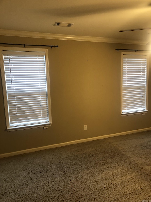 spare room featuring crown molding and carpet floors