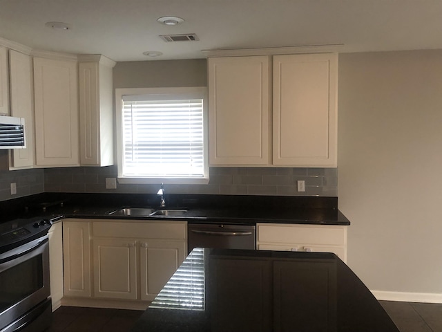 kitchen with dishwashing machine, sink, white cabinets, and stainless steel electric range oven