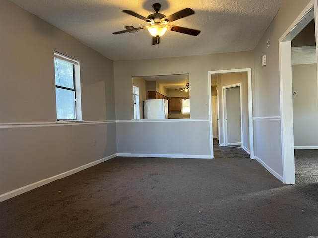 carpeted empty room featuring ceiling fan, a healthy amount of sunlight, and a textured ceiling