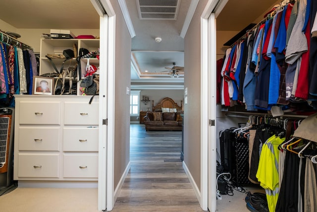 walk in closet featuring hardwood / wood-style flooring and ceiling fan