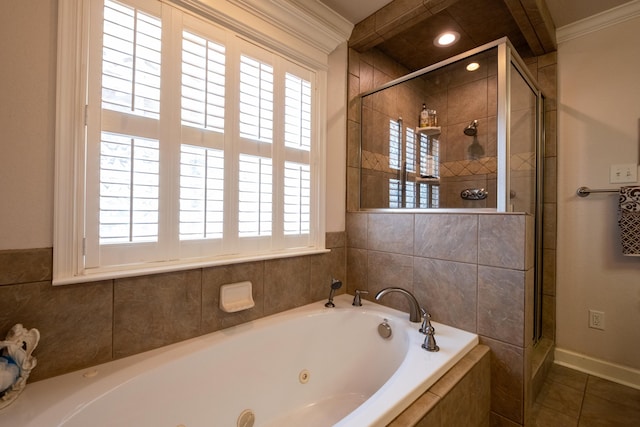 bathroom with ornamental molding, shower with separate bathtub, and tile patterned flooring