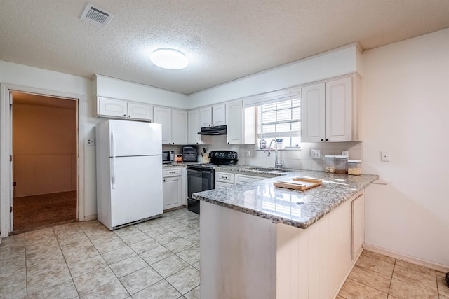 kitchen with sink, white cabinets, black / electric stove, kitchen peninsula, and white fridge