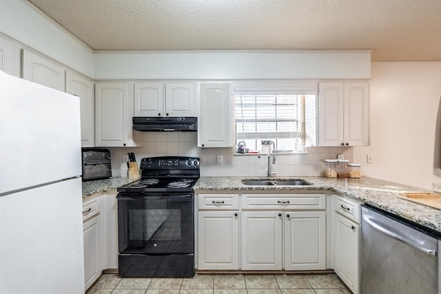 kitchen with sink, black electric range, stainless steel dishwasher, white fridge, and white cabinets