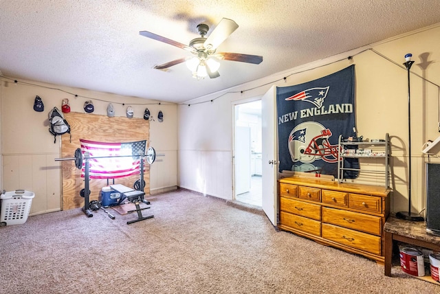 interior space featuring ceiling fan, carpet floors, and a textured ceiling