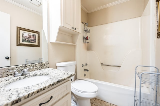 full bathroom featuring toilet, crown molding,  shower combination, vanity, and tile patterned flooring