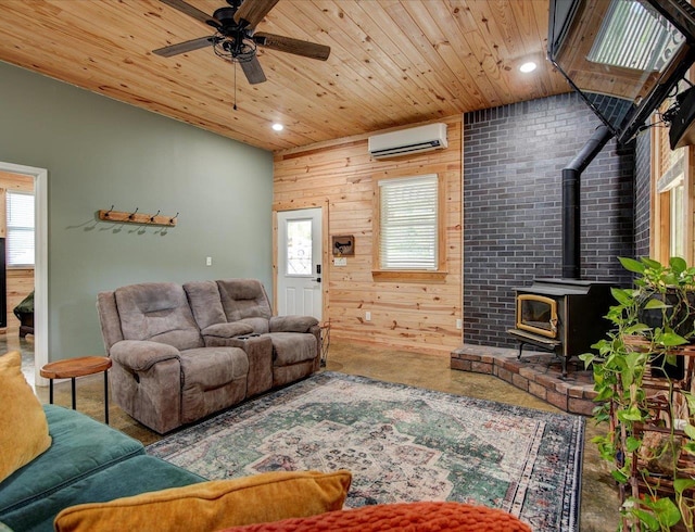 carpeted living room featuring a healthy amount of sunlight, wooden ceiling, a wood stove, and an AC wall unit