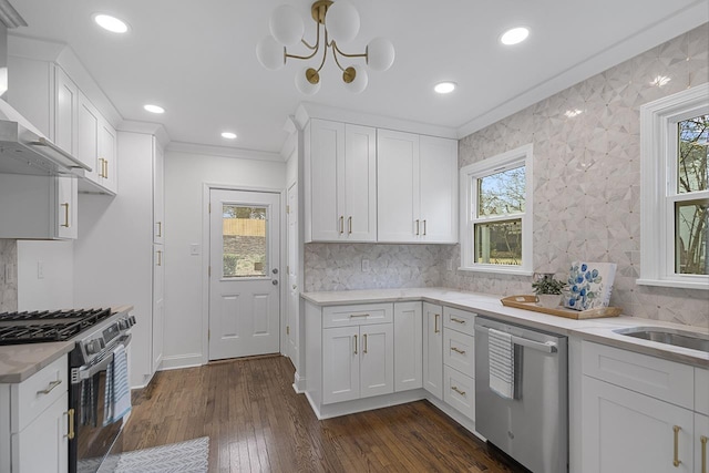 kitchen featuring dark wood-type flooring, white cabinetry, ornamental molding, stainless steel appliances, and decorative backsplash