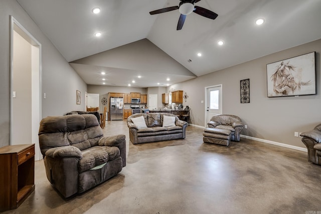 living room with ceiling fan and high vaulted ceiling