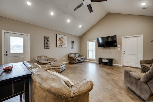 living room with ceiling fan and high vaulted ceiling