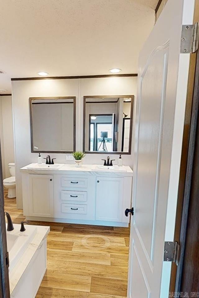 bathroom with double vanity, toilet, wood finished floors, a bathtub, and recessed lighting