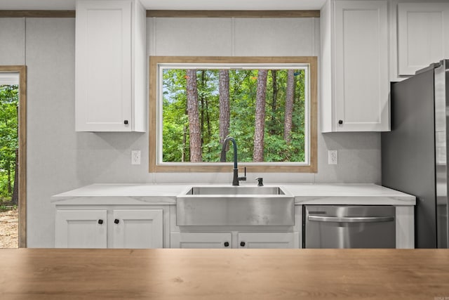 kitchen featuring appliances with stainless steel finishes, a sink, healthy amount of natural light, and light countertops