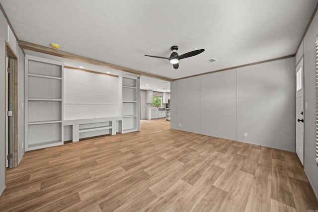 unfurnished living room with a ceiling fan, light wood-style floors, ornamental molding, and recessed lighting