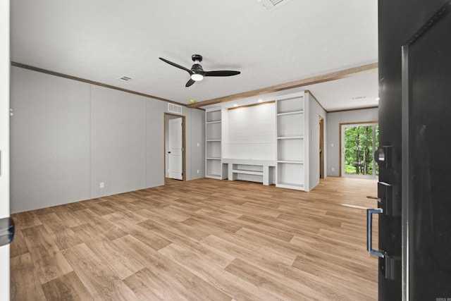 unfurnished living room with crown molding, ceiling fan, and light wood-type flooring