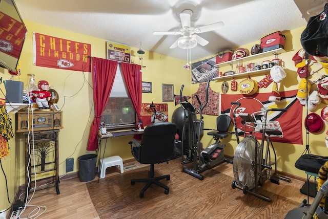 office featuring hardwood / wood-style floors and ceiling fan