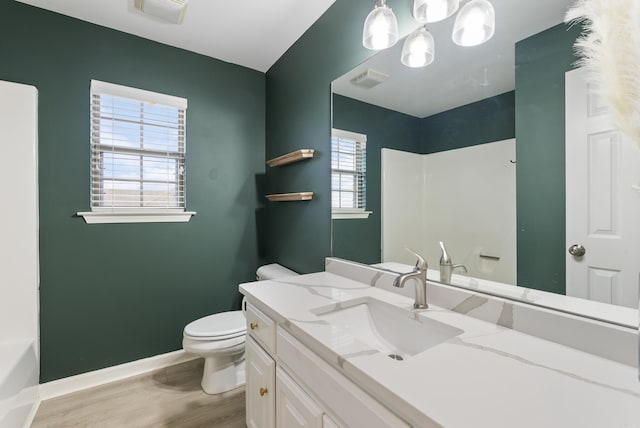 bathroom with vanity, wood-type flooring, and toilet