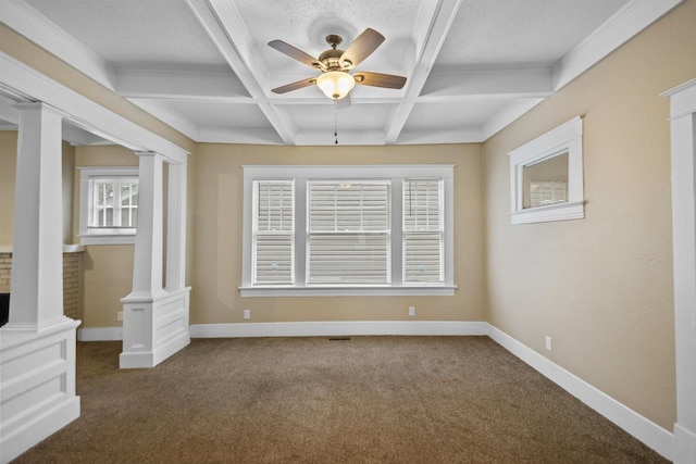 interior space with ceiling fan, coffered ceiling, decorative columns, and beam ceiling