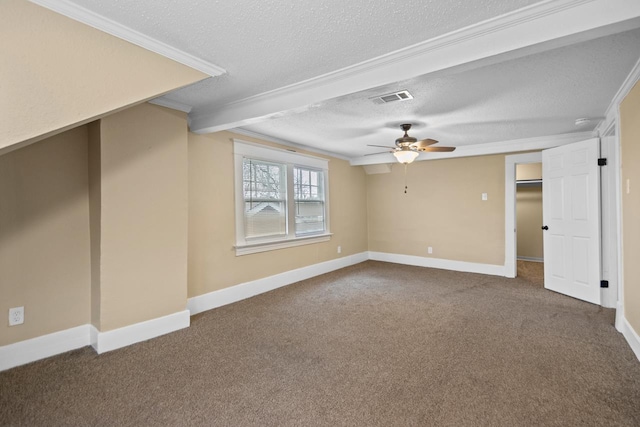 interior space featuring crown molding, ceiling fan, and a textured ceiling