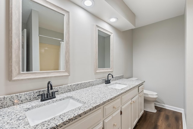 bathroom featuring vanity, hardwood / wood-style floors, toilet, and a shower with shower curtain