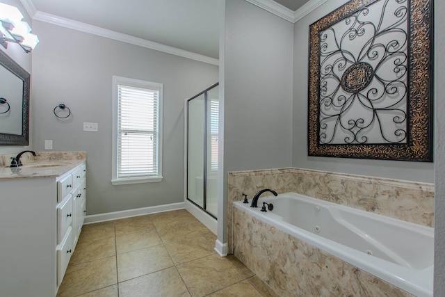 bathroom featuring tile patterned floors, ornamental molding, separate shower and tub, and vanity