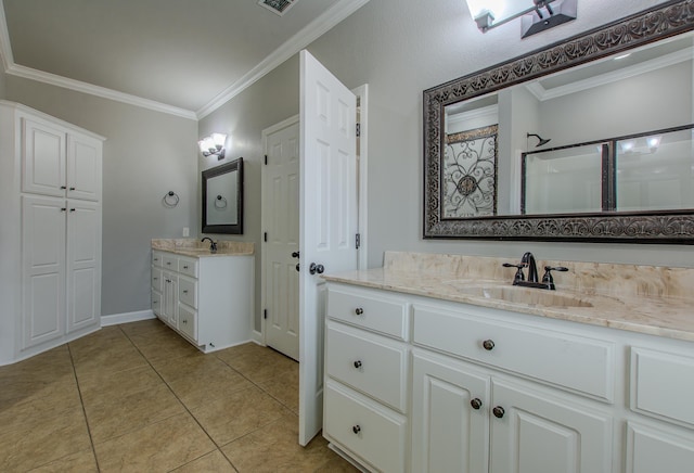 bathroom with tile patterned flooring, vanity, a shower with shower door, and ornamental molding