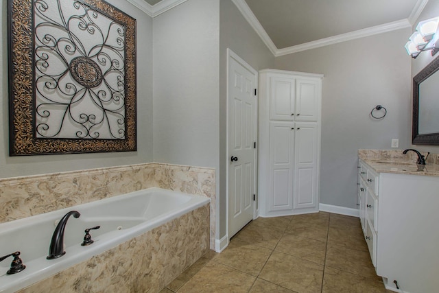 bathroom with crown molding, vanity, a relaxing tiled tub, and tile patterned flooring