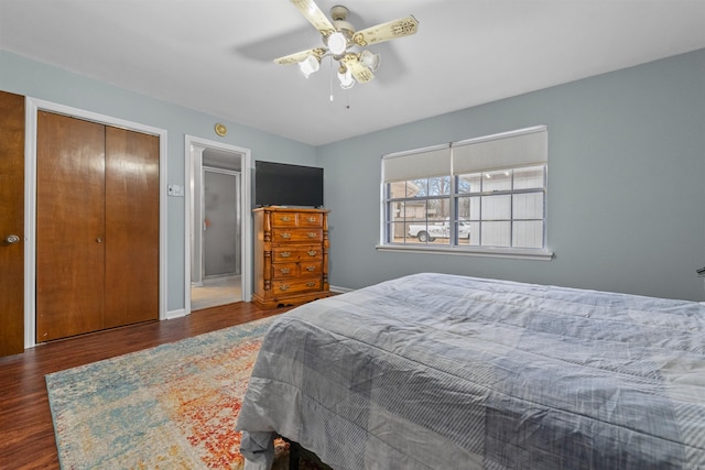 bedroom featuring dark hardwood / wood-style floors and ceiling fan