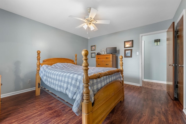 bedroom featuring ceiling fan and dark hardwood / wood-style flooring