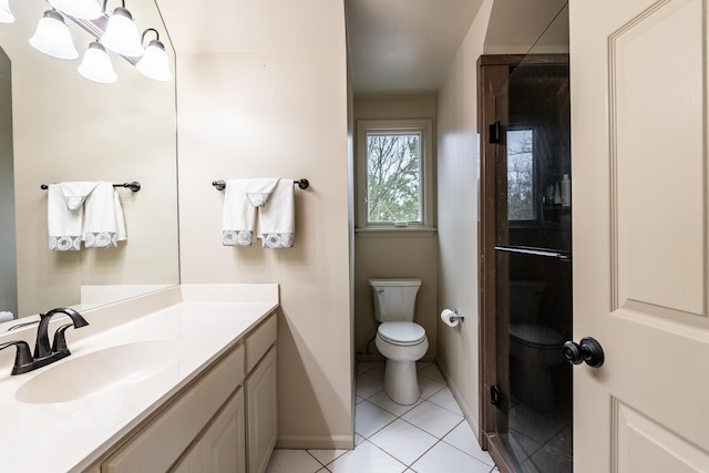 bathroom with tile patterned flooring, vanity, walk in shower, toilet, and an inviting chandelier