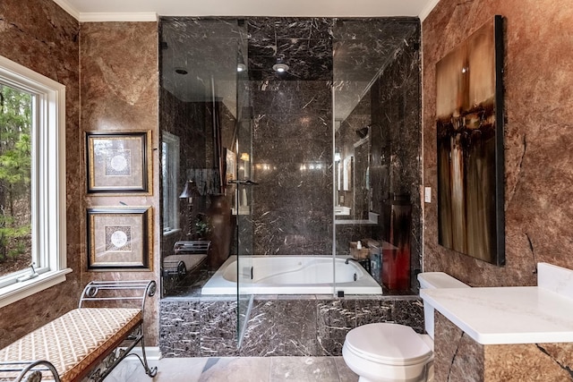 bathroom featuring crown molding, shower with separate bathtub, and toilet