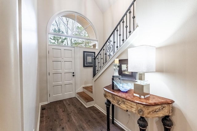 entrance foyer featuring a towering ceiling and dark wood-type flooring