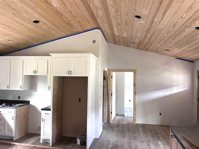 605 Frances Cv, Mountain View, AR 72560 - kitchen with vaulted ceiling, wood ceiling, wood finished floors, and white cabinets