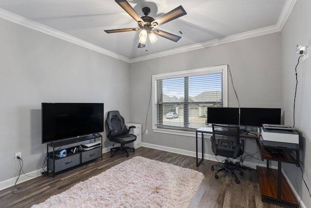 office with ceiling fan, ornamental molding, and dark hardwood / wood-style floors