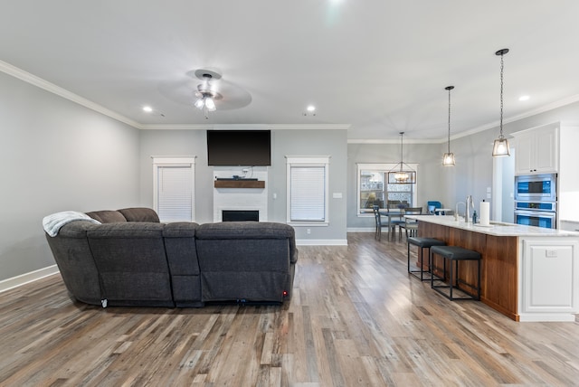 living room featuring sink, hardwood / wood-style flooring, ornamental molding, and ceiling fan