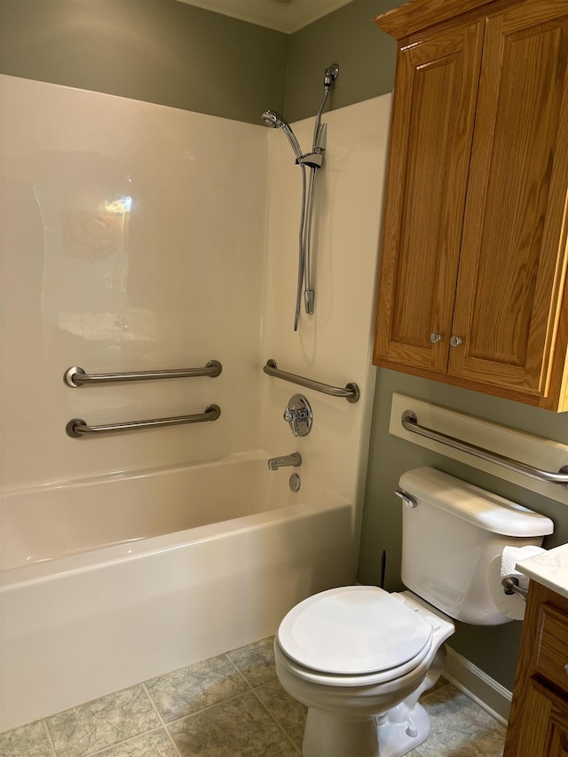 full bathroom with shower / bathtub combination, vanity, and toilet