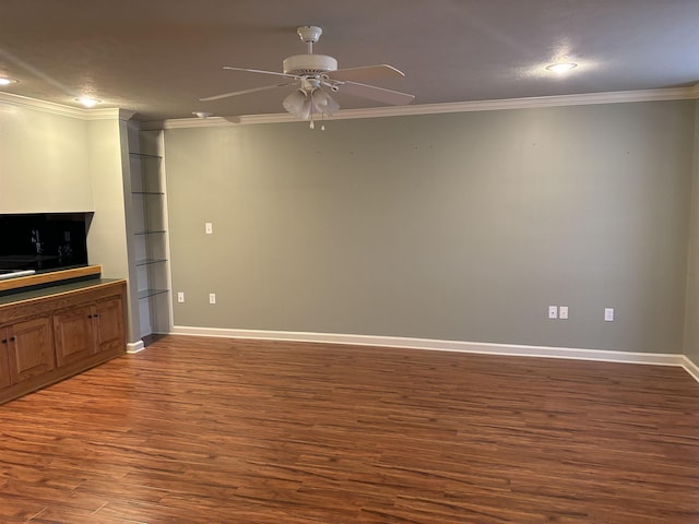 unfurnished living room with wood-type flooring, ornamental molding, and ceiling fan