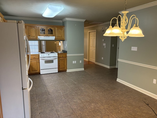 kitchen with crown molding, hanging light fixtures, white appliances, and a chandelier