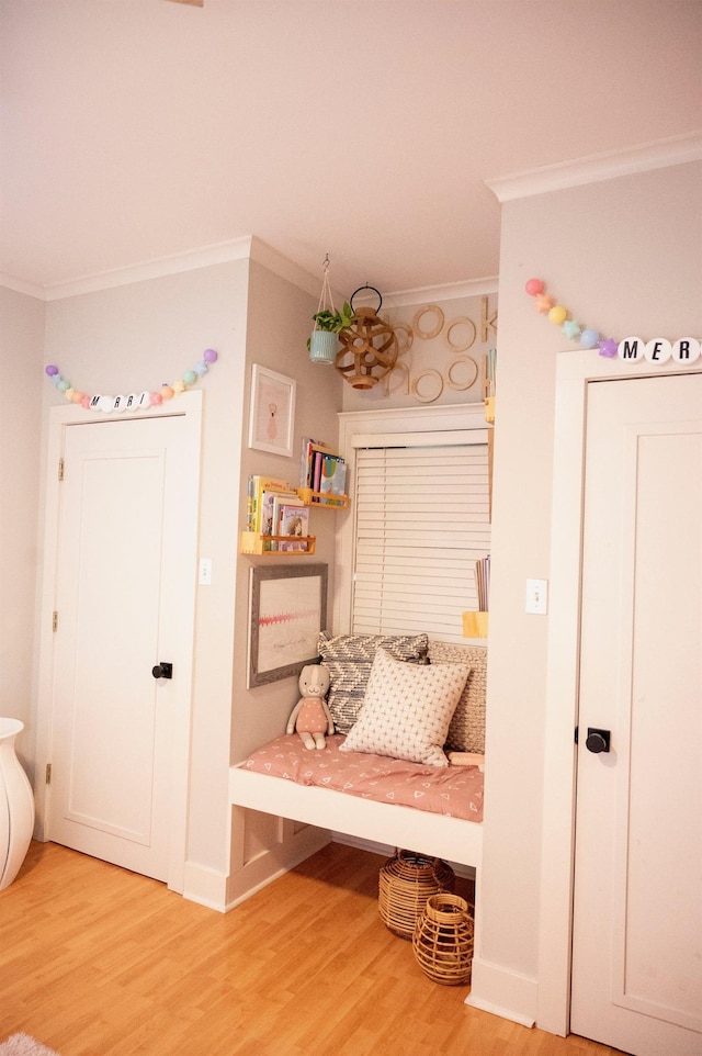 mudroom with hardwood / wood-style flooring and ornamental molding