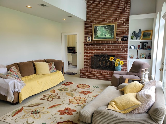 carpeted living room featuring a brick fireplace