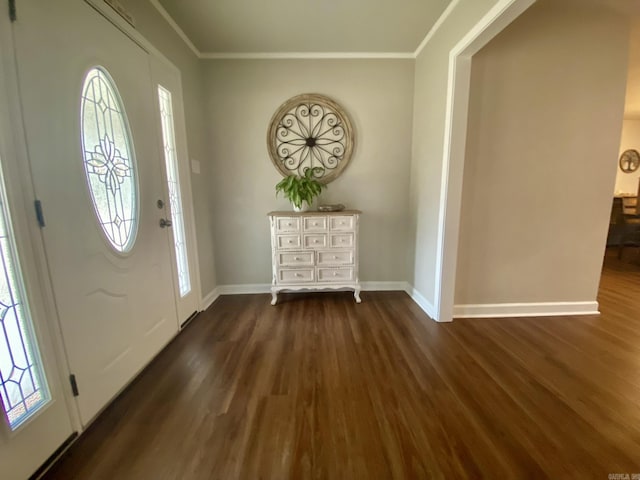 foyer entrance featuring crown molding, dark wood-type flooring, and a wealth of natural light