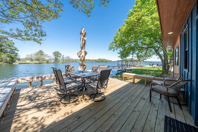 deck featuring a water view