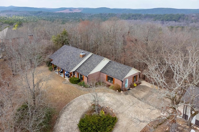 drone / aerial view featuring a mountain view