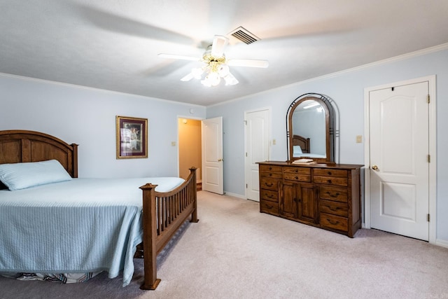 bedroom featuring crown molding, ceiling fan, and light carpet