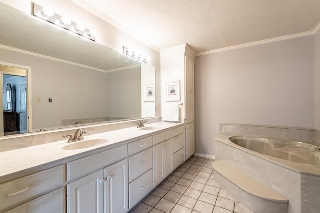 bathroom with crown molding, tile patterned floors, and vanity