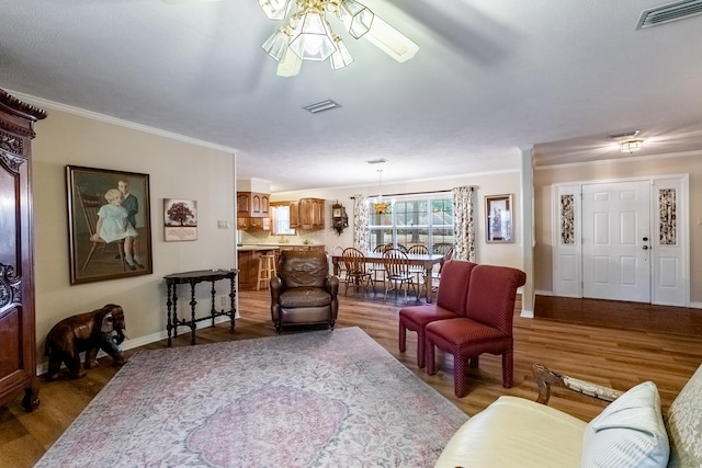 living room featuring ornamental molding, hardwood / wood-style floors, and decorative columns