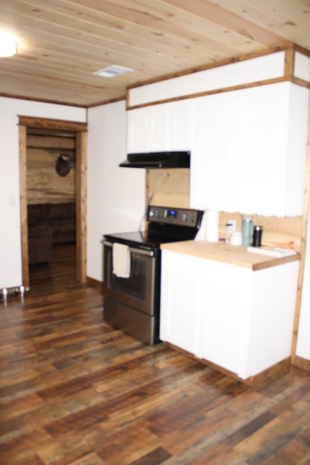 kitchen with white cabinetry, wood ceiling, stainless steel electric stove, and dark wood-type flooring