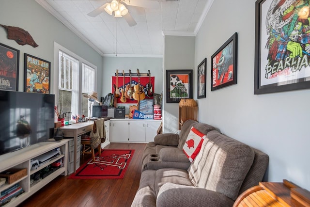 living room featuring crown molding, ceiling fan, and dark hardwood / wood-style floors