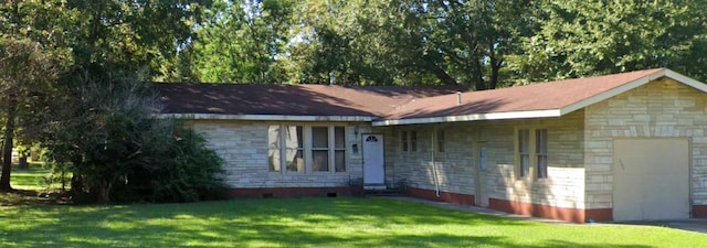 single story home with a garage and a front yard