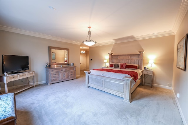 bedroom featuring crown molding and light colored carpet