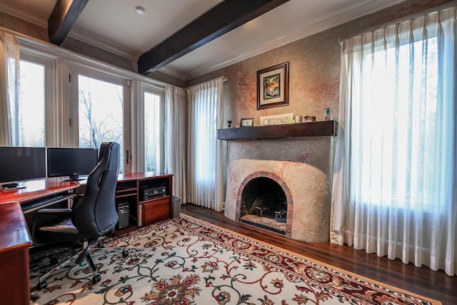 office area with beam ceiling, wood-type flooring, and ornamental molding